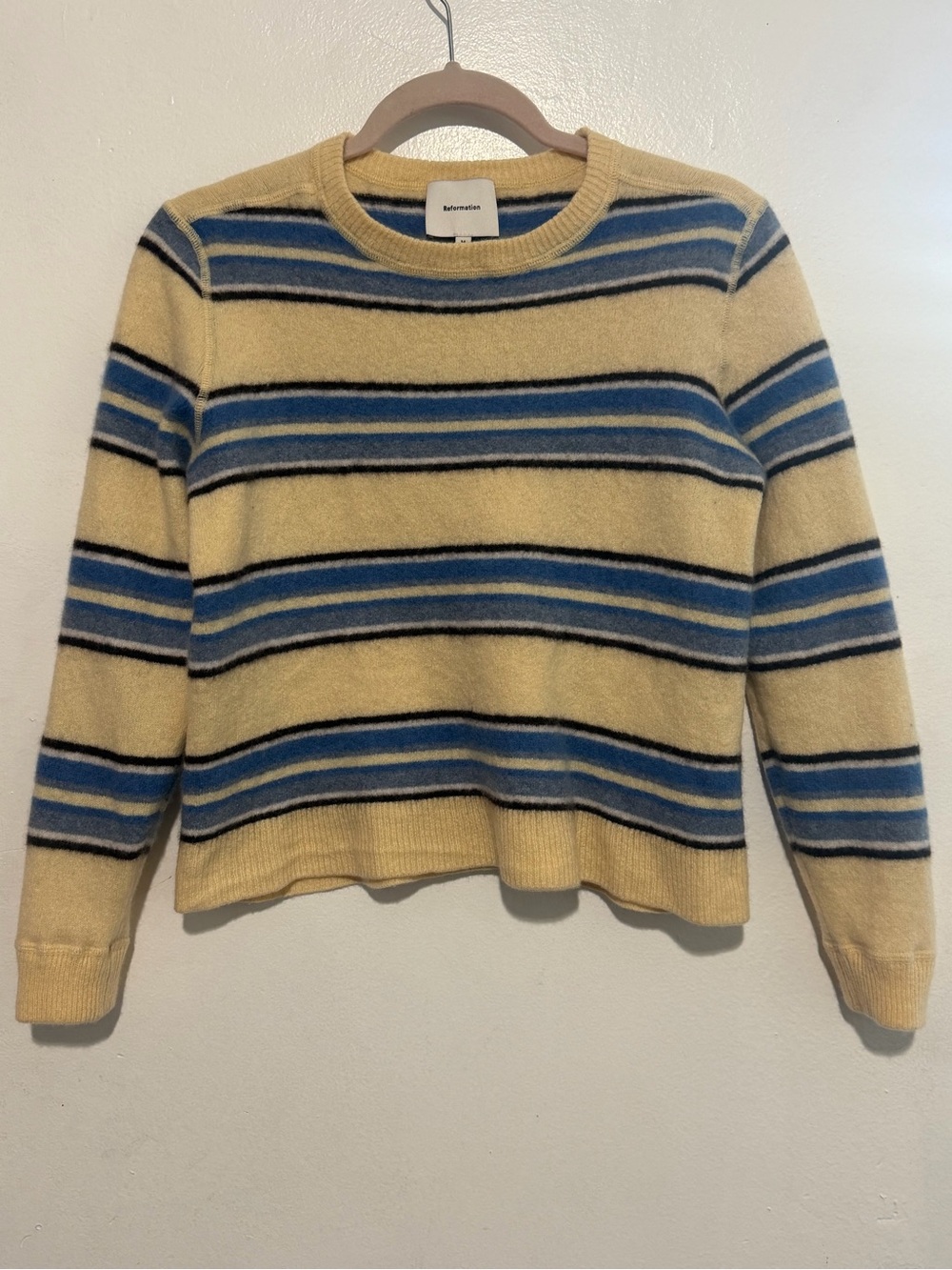 Reformation Yellow, Blue & Black Striped Crewneck Sweater